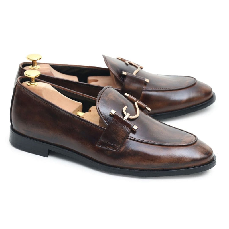 Brown 2-tone S buckle leather loafer